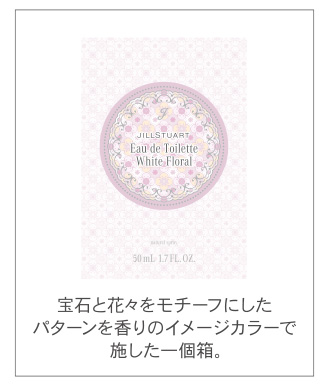 宝石と花々をモチーフにしたパターンを香りのイメージカラーで施した一個箱。